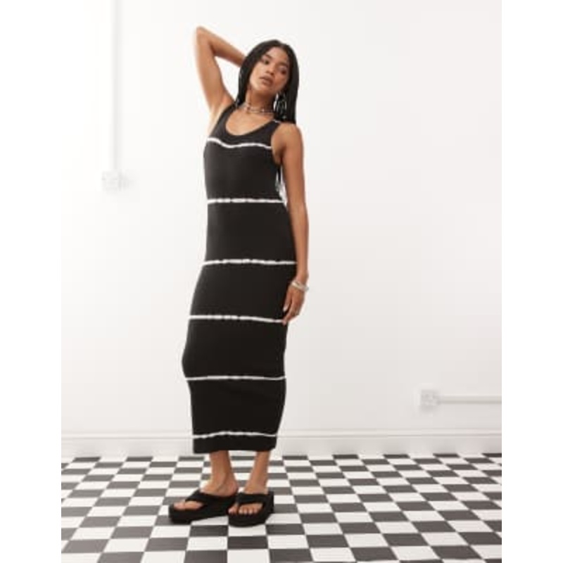 Weekday Close fitted tie dye rib midaxi dress in black exclusive to