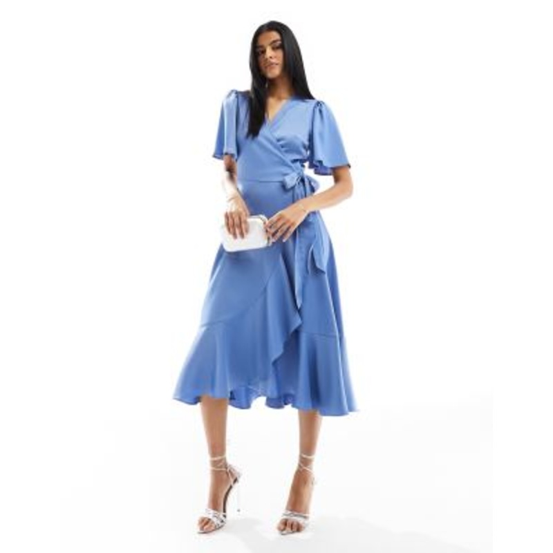 YAS Bridesmaid satin wrap midi dress in blue