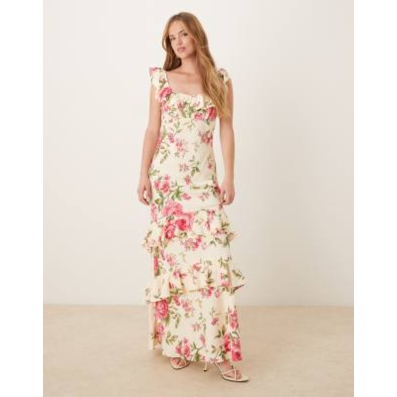 YAS off-shoulder ruffle midi dress in pink and cream floral