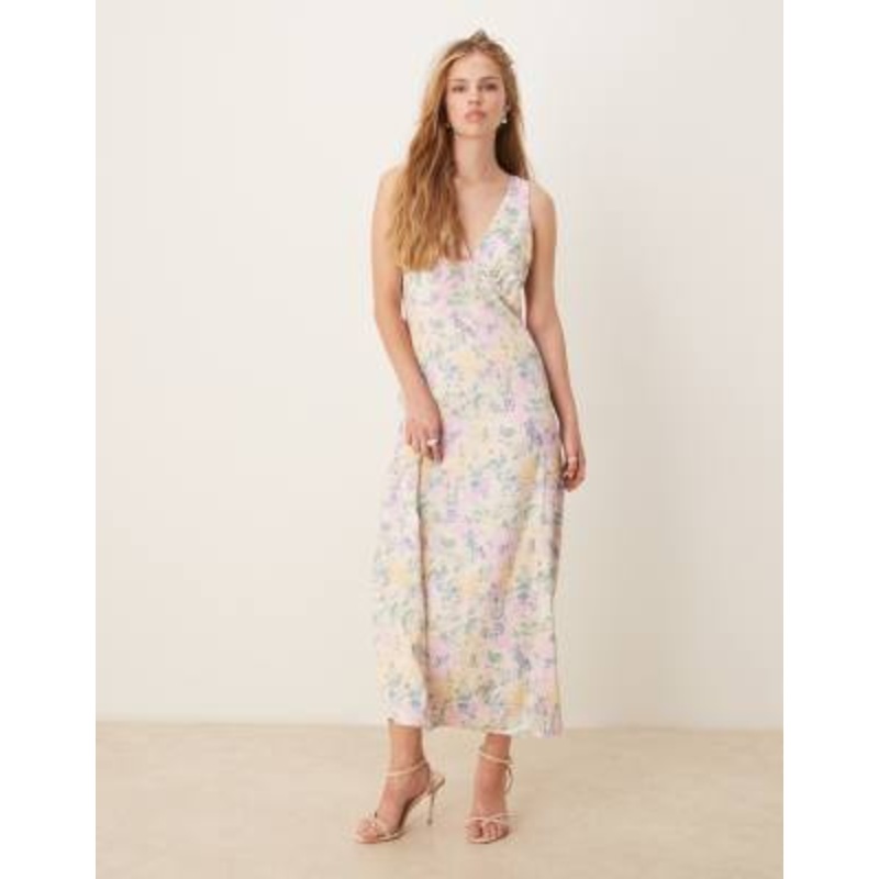 YAS satin v neck maxi dress in meadow floral print