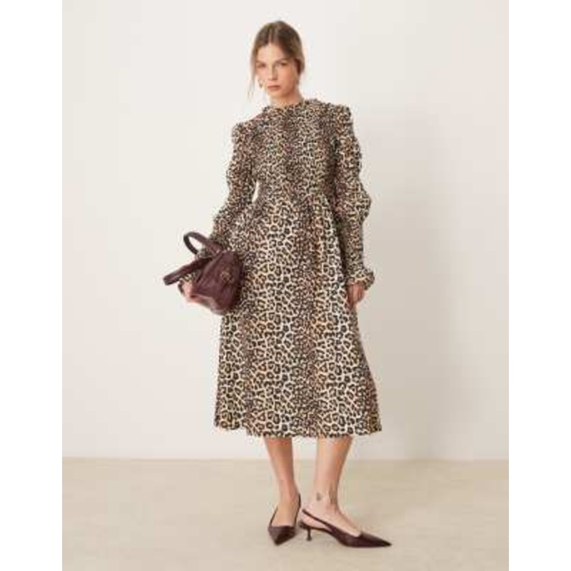 YAS shirred long sleeve detail maxi dress in leopard
