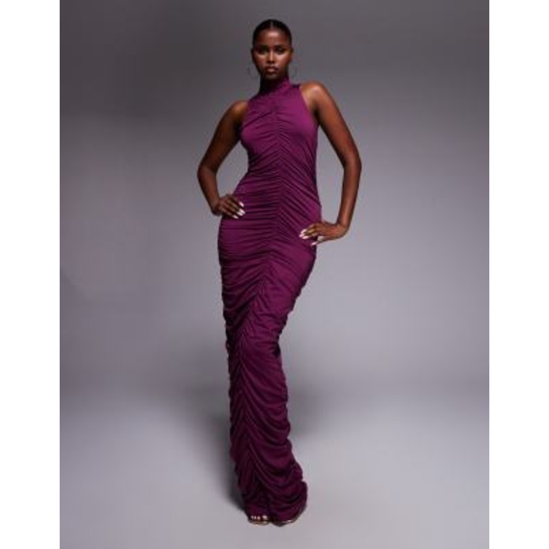 Aria Cove slinky ruched high neck bodycon maxi dress in purple