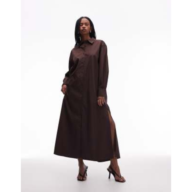 ARKET pure cotton maxi shirt dress with side splits in dark brown