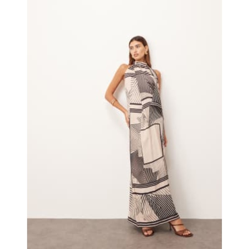ARRANGE draped cowl halter neck maxi dress in scarf print