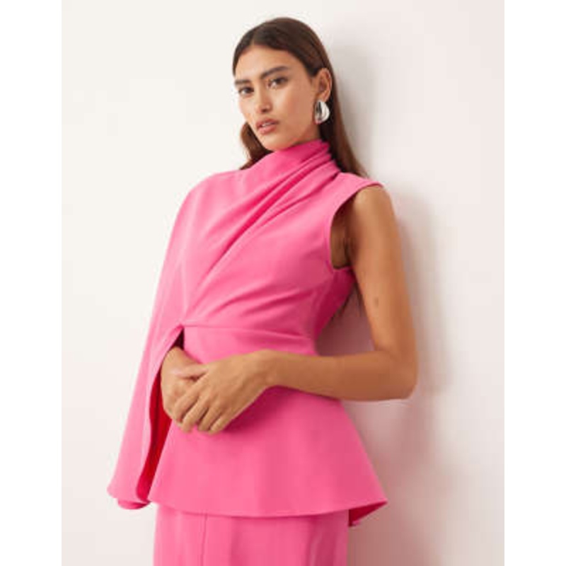 ARRANGE premium heavy crepe asymmetric sleeve drape panel midi dress in pink