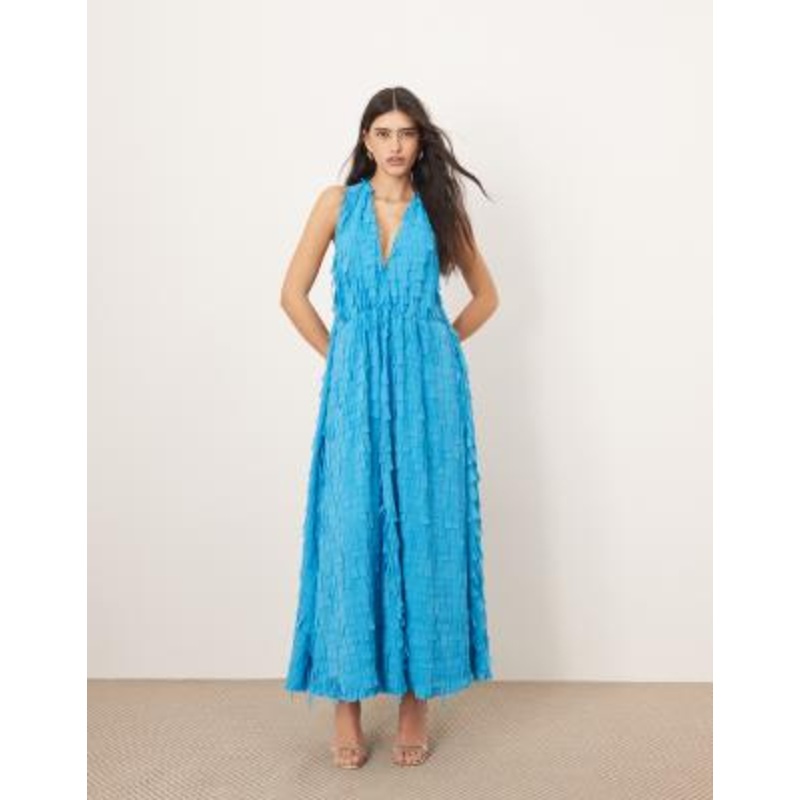 ARRANGE textured laser-cut halterneck trapeze maxi dress in blue