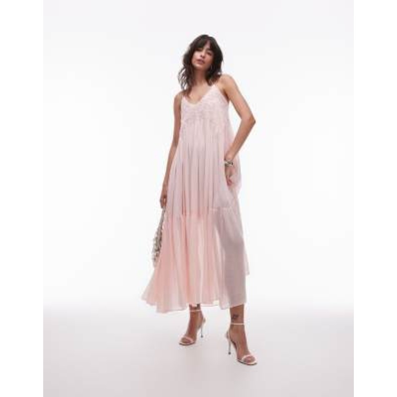 & Other Stories embroidered maxi dress with dropped waist in pink