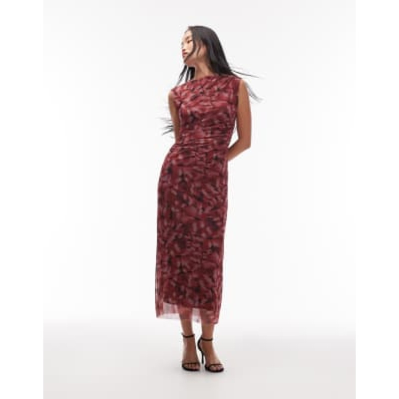 & Other Stories mesh midi dress with drape detail in burgundy