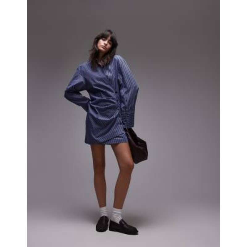 & Other Stories mini shirt dress with ruche wrap front in blue stripes