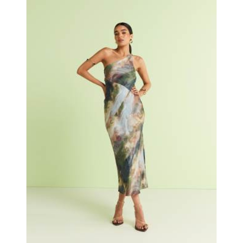 & Other Stories one shoulder satin midi dress with twisted strap detail in watercolor print