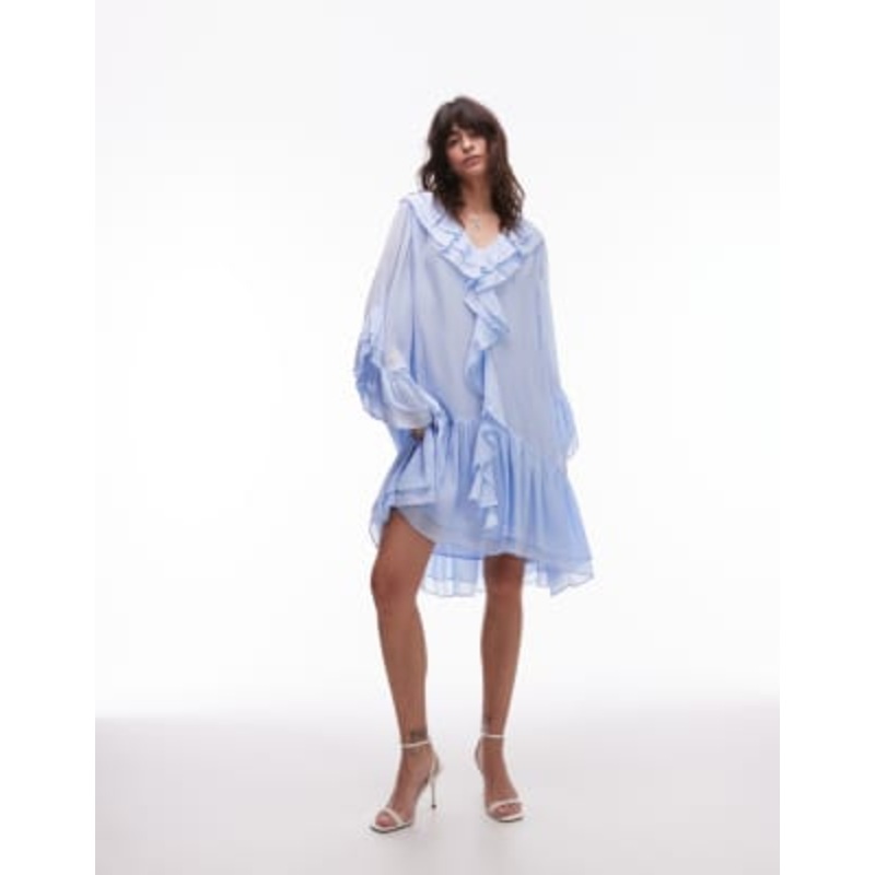 & Other Stories sheer chiffon mini dress with ruffles and tiered hem in soft blue