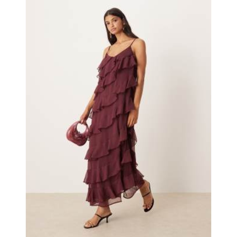 VILA asymmetric frill maxi dress with side split in burgundy