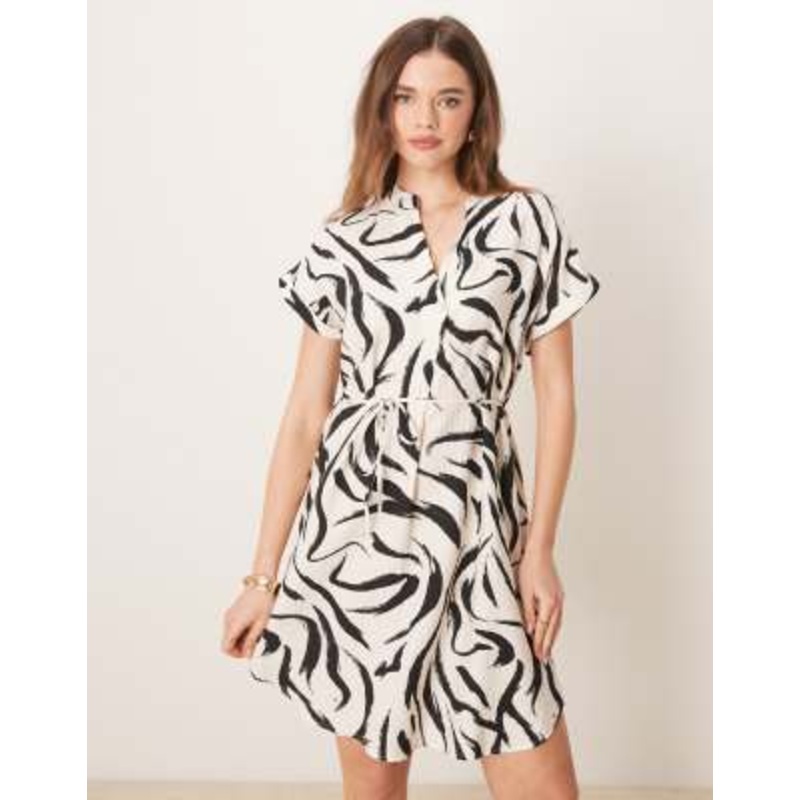 VILA short sleeve tie waist notch neck mini dress in monochrome print