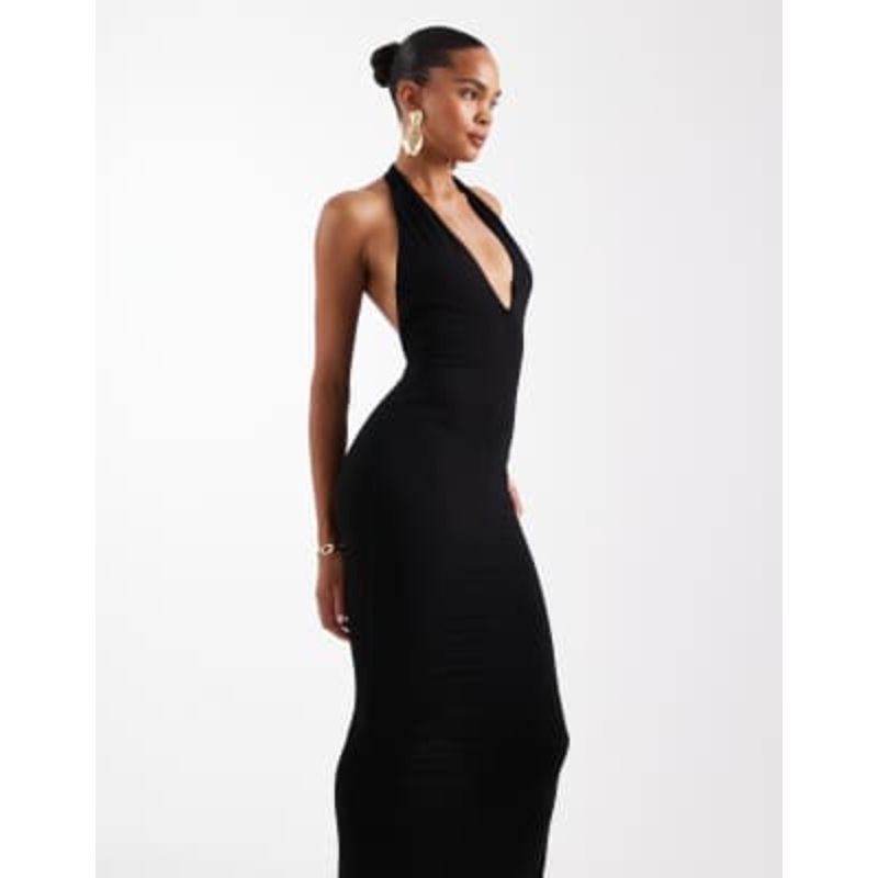 Wanderdoll Phe sculpting second skin halterneck plunge bodycon maxi dress in black