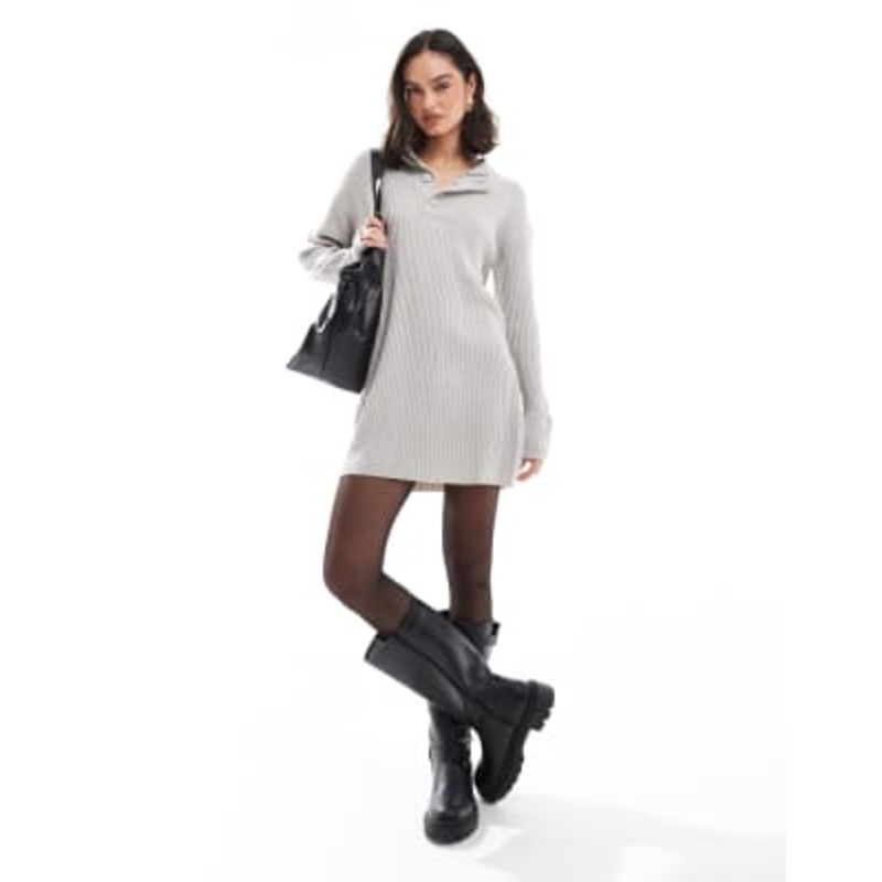 Wednesday’s Girl funnel neck button detail chunky ribbed sweater dress in light gray