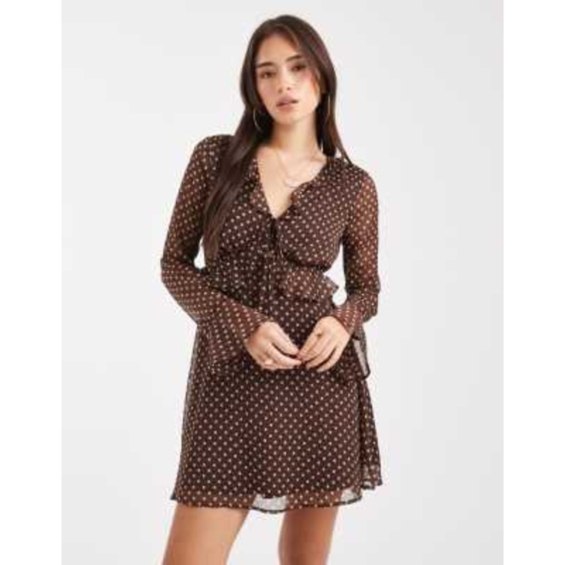 Wednesday’s Girl long sleeve v neck ruffle polka dot mini dress in brown