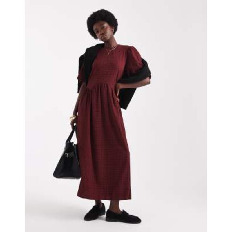 Wednesday’s Girl textured plaid puff sleeve midaxi dress in red