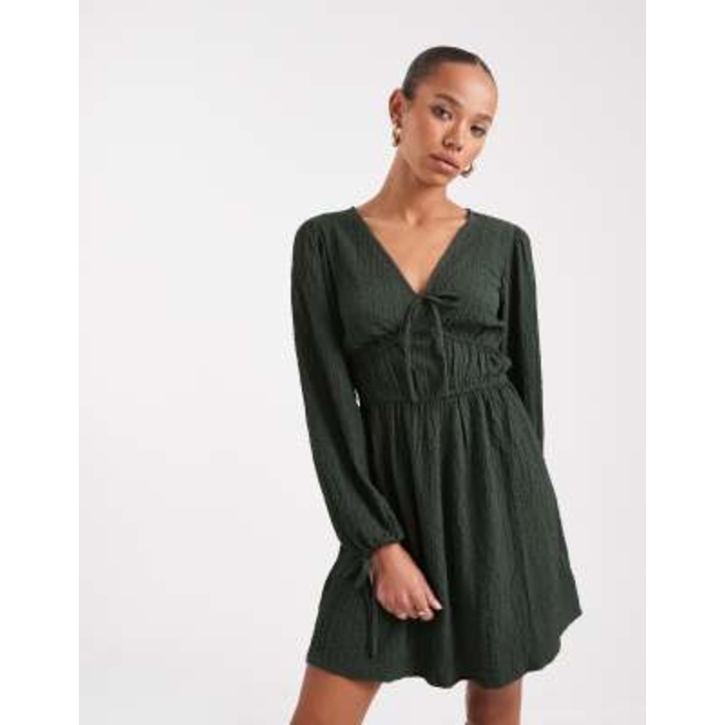 Wednesday’s Girl textured tie-sleeve mini dress in forest green