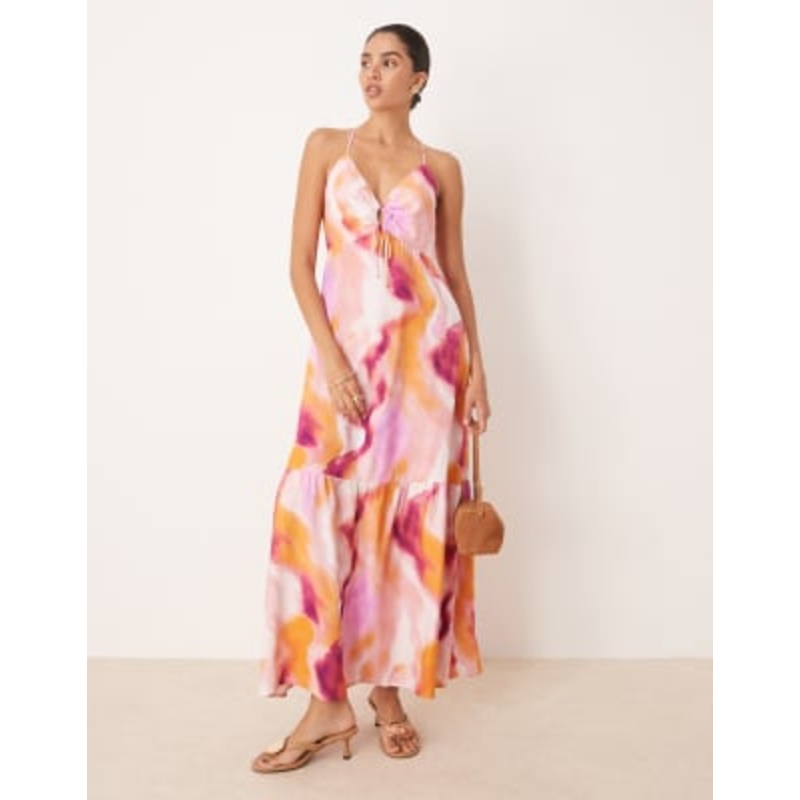 YAS strap detail maxi dress in pink blur print