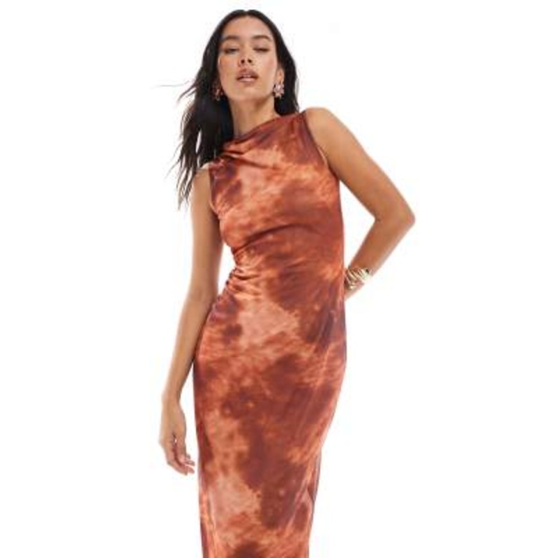 4th & Reckless high drape neck maxi dress in rust blurred print