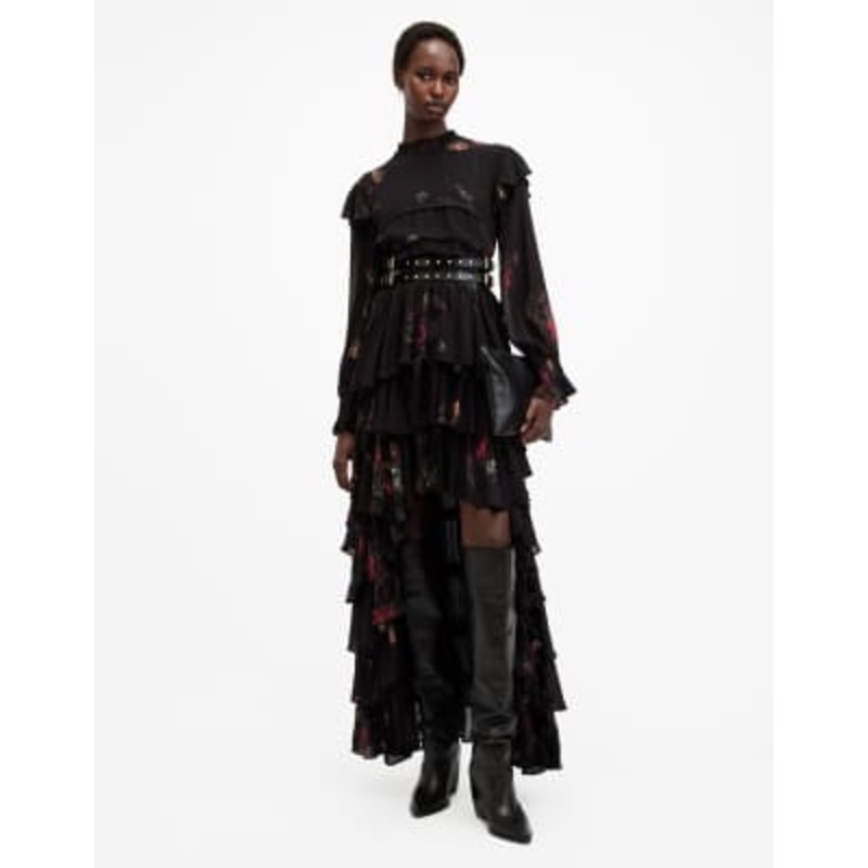 AllSaints Cavarly long sleeve tiered ruffle maxi dress in black print