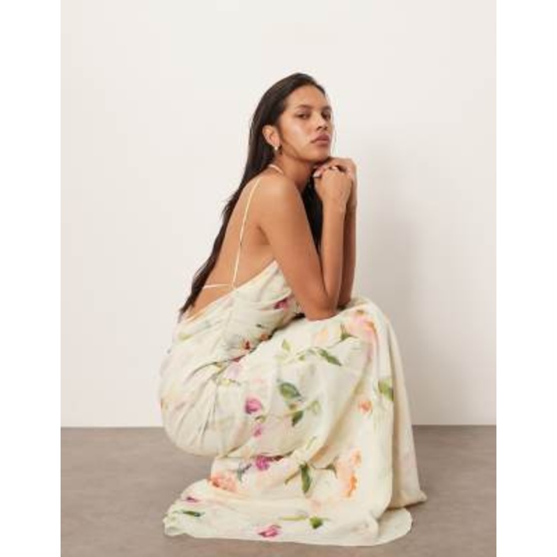 ARRANGE backless chiffon draped maxi dress in layered painterly floral