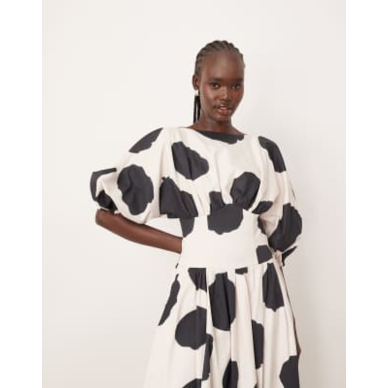 ARRANGE cotton cinched waist midi dress with balloon sleeve in bold spot