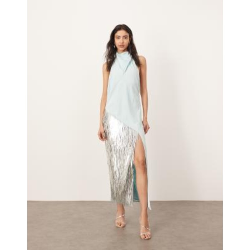 ARRANGE embellished shard panel halterneck maxi dress in light blue