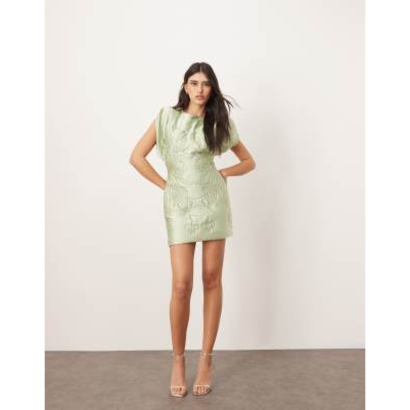 ARRANGE embroidered satin quilted mini dress in sage