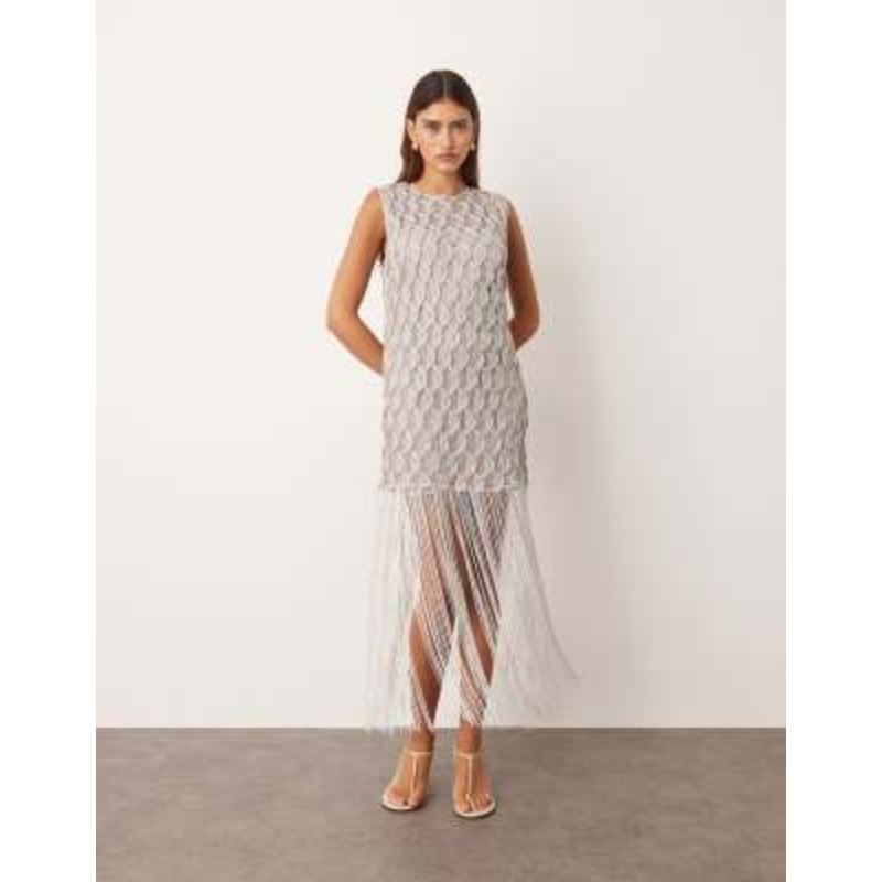 ARRANGE lattice grid mini dress with fringe hem in metallic