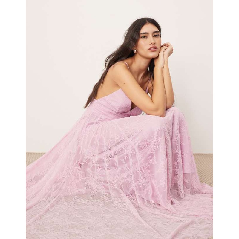 ARRANGE ruched waist maxi dress in lace in sugar pink