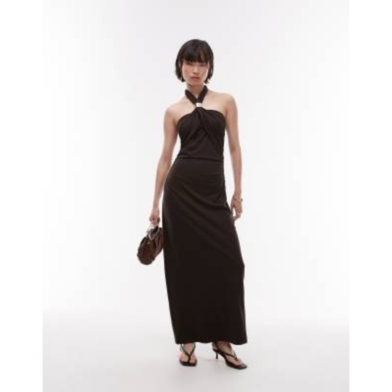 & Other Stories jersey maxi dress with metallic clasp halter neck in brown