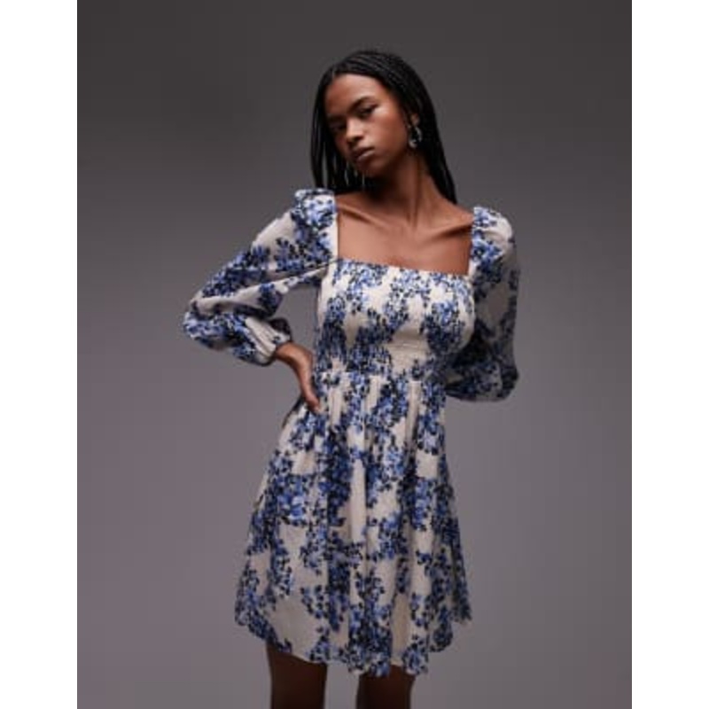 & Other Stories square neck mini dress with shirred bodice in blue floral print