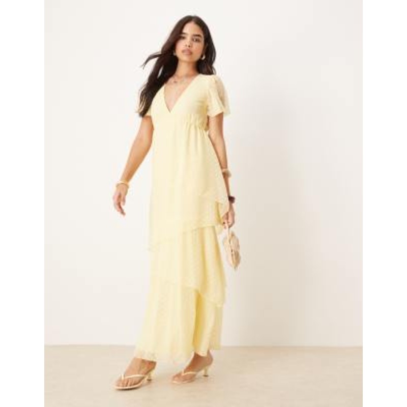 Vila tiered textured ankle dress in pale yellow