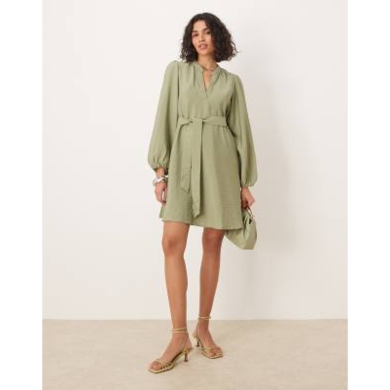 Vila v neck tie waist mini dress in green