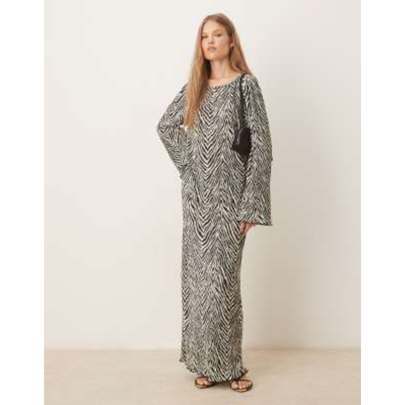 Vila zebra print long sleeve maxi dress in black and white