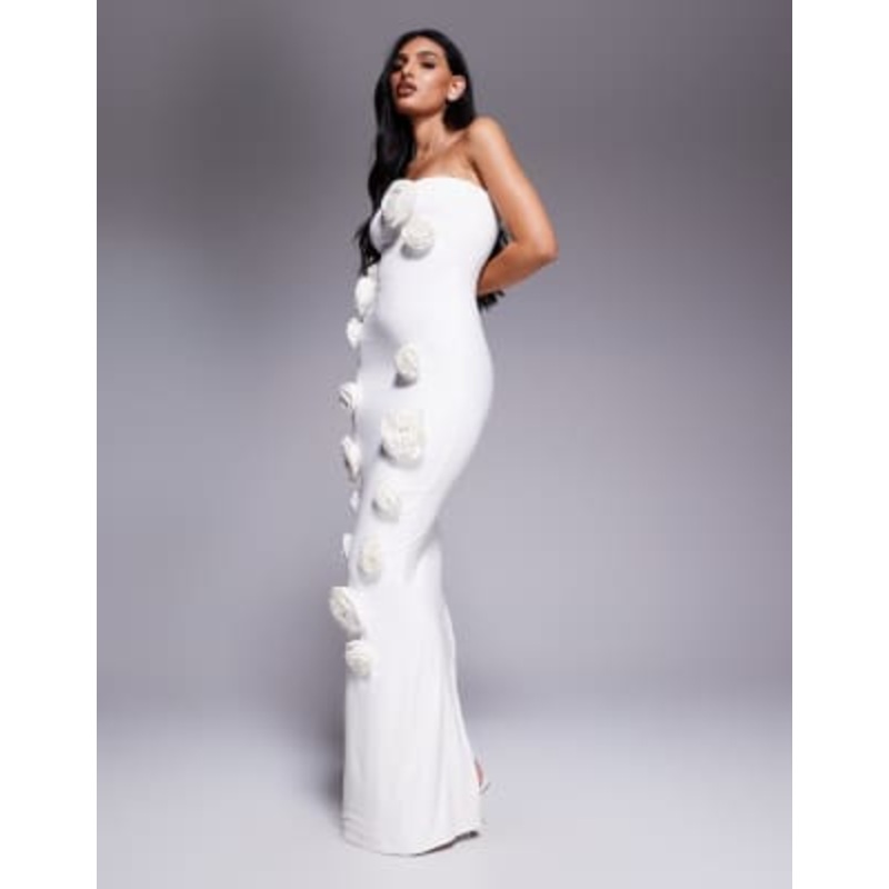 Wanderdoll Palma sculpting second skin bandeau corsage detail fishtail maxi dress in cream