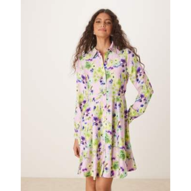 YAS flippy hem mini shirt dress in pale lilac flower print