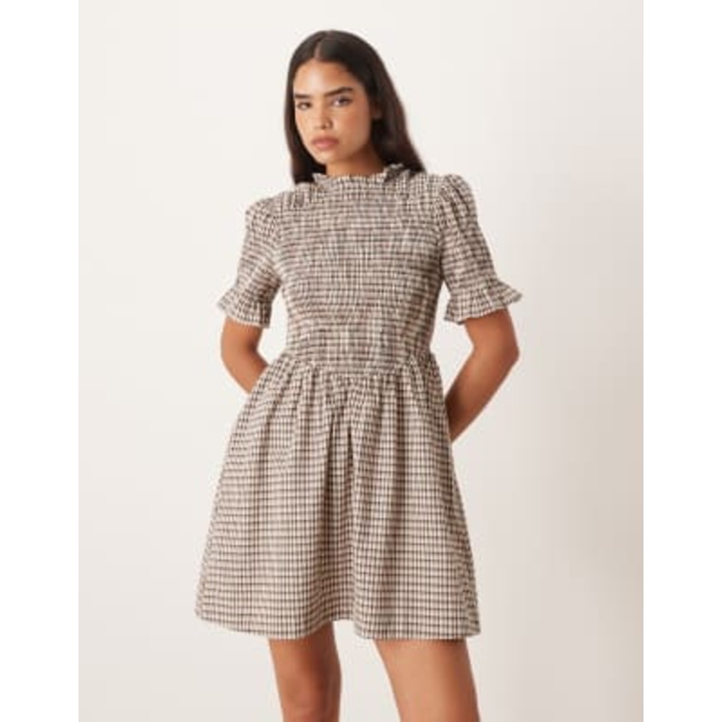 YAS plaid mini dress in cream