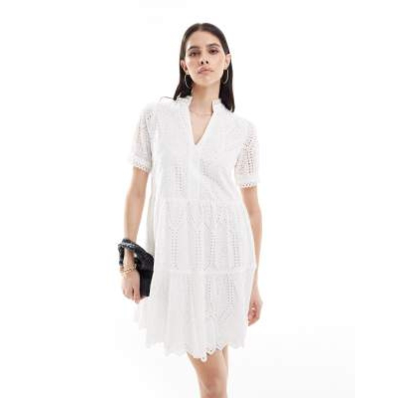 YAS v neck eyelet mini dress in white