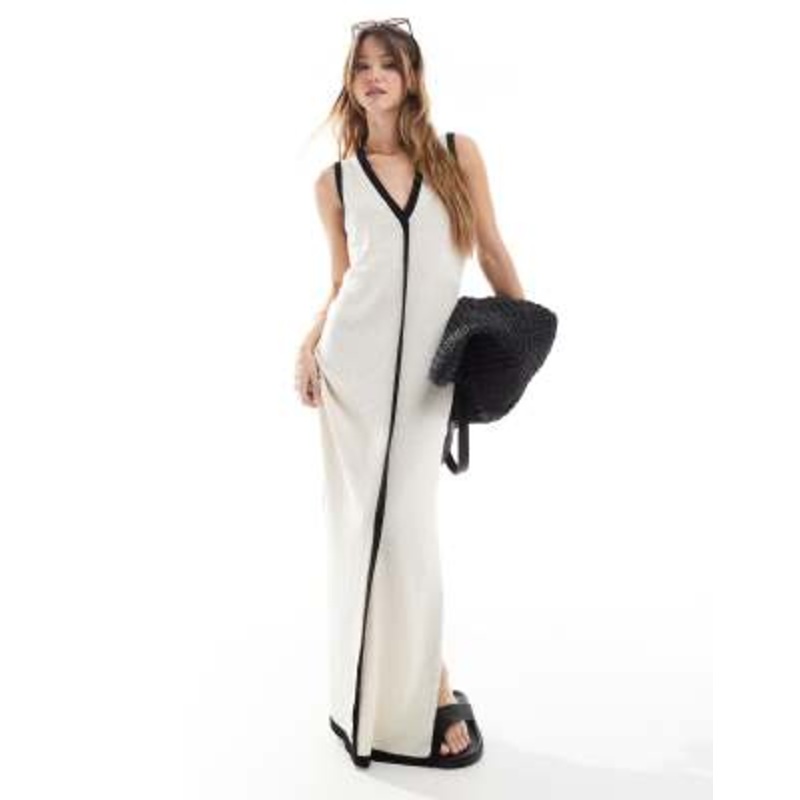 4th & Reckless contrast trim sleeveless V-neck knit beach maxi dress in ecru