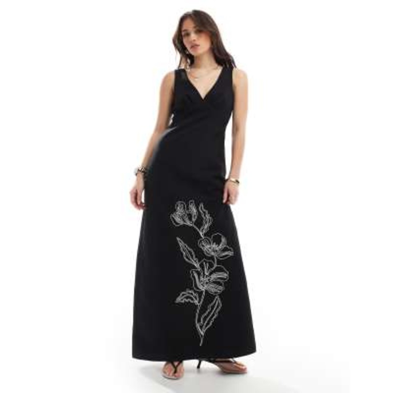 4th & Reckless linen look v neck floral embroidered maxi dress in black