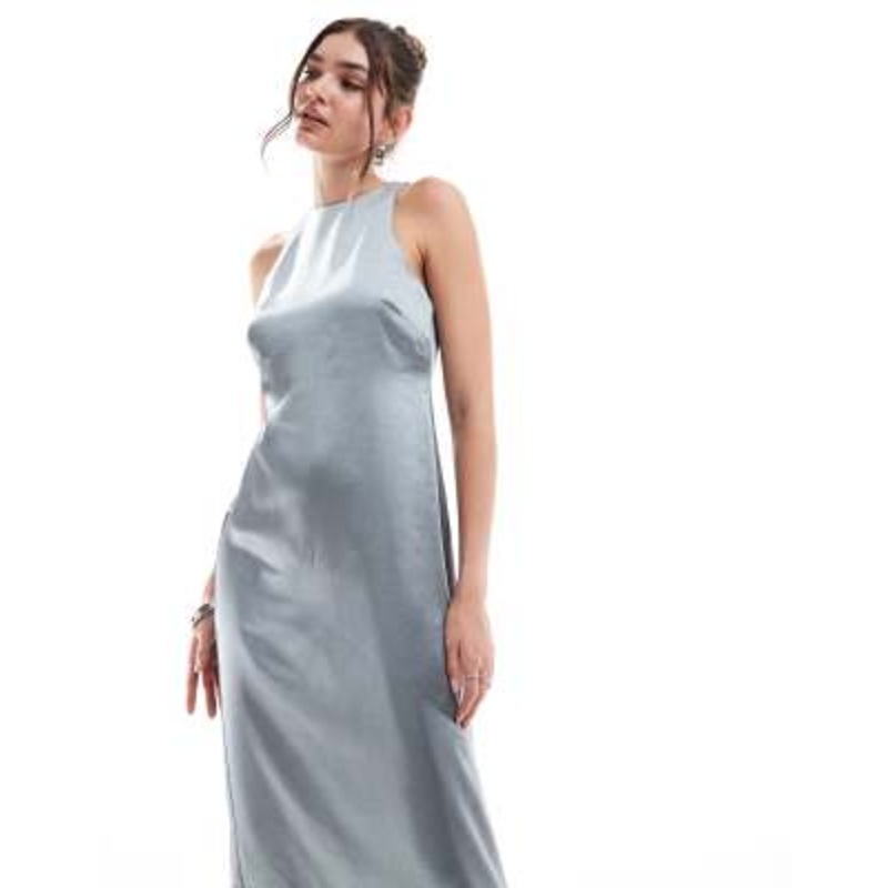 4th & Reckless satin racer neck maxi dress in steel gray