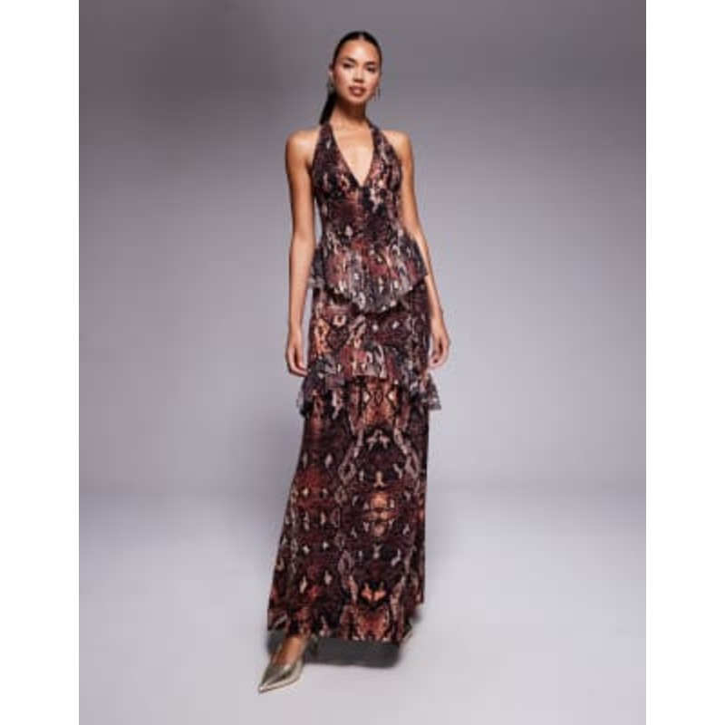 AFRM crochet lace halterneck maxi dress with ruffles in snake print