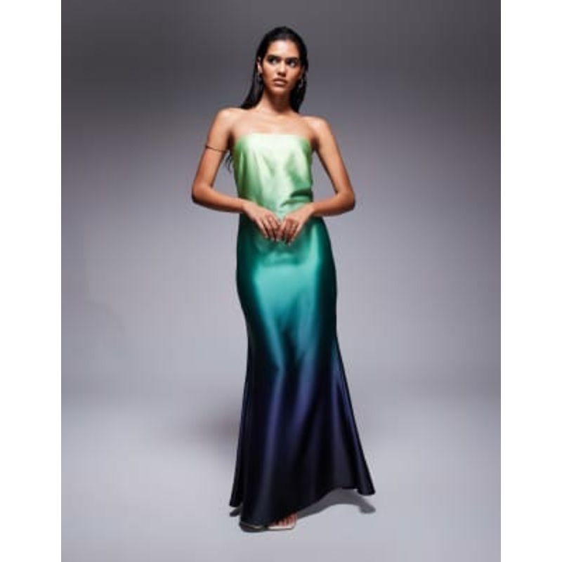 Aria Cove satin bandeau trapeze maxi dress in green ombre