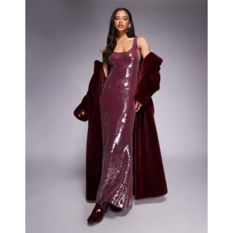 Aria Cove sequin scoop neck maxi dress in burgundy