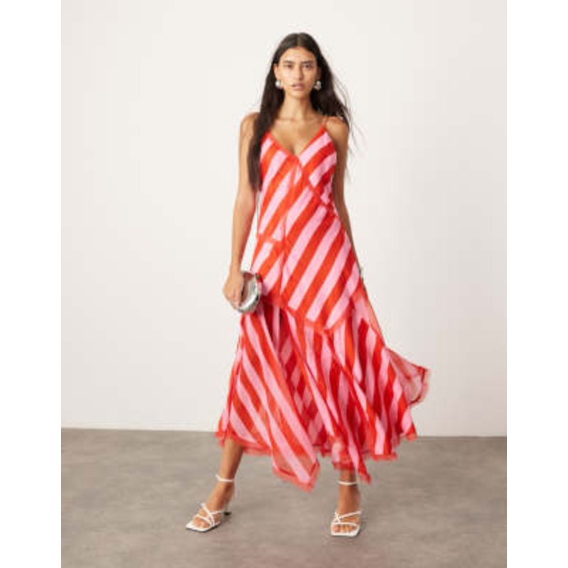 ARRANGE contrast fabric cami midi dress with hanky hem in color block stripe