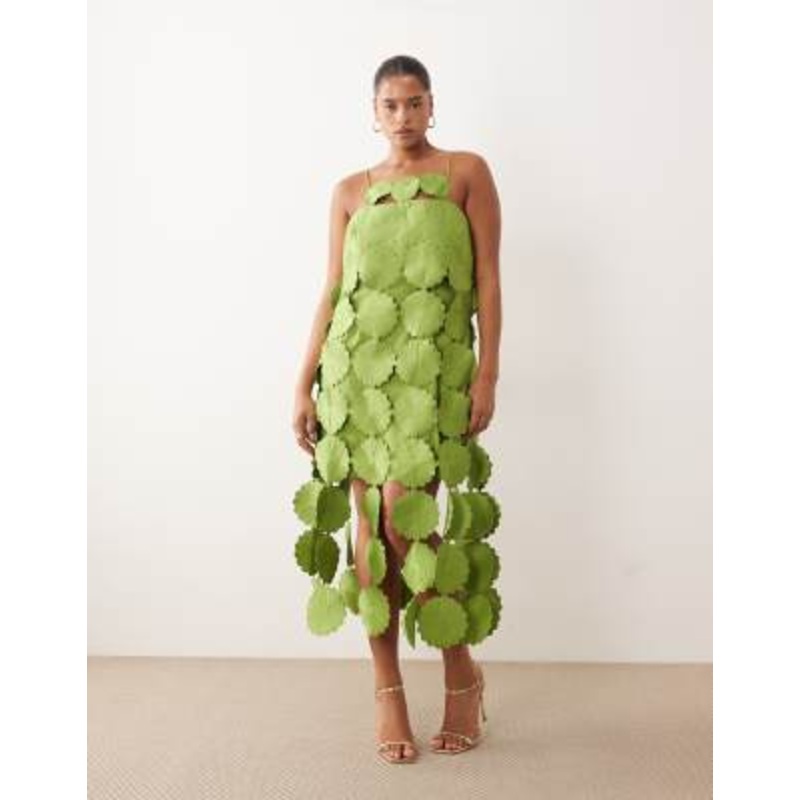 ARRANGE Curve cutwork floral midi dress with fringe hem in olive