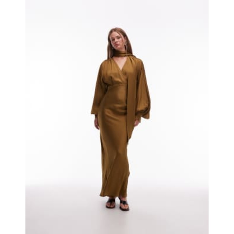 & Other Stories satin midaxi dress with deep v-neck and detachable scarf in brown