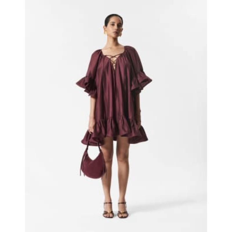 & Other Stories semi sheer mini dress with ruffle edge sleeves and tie neck in burgundy